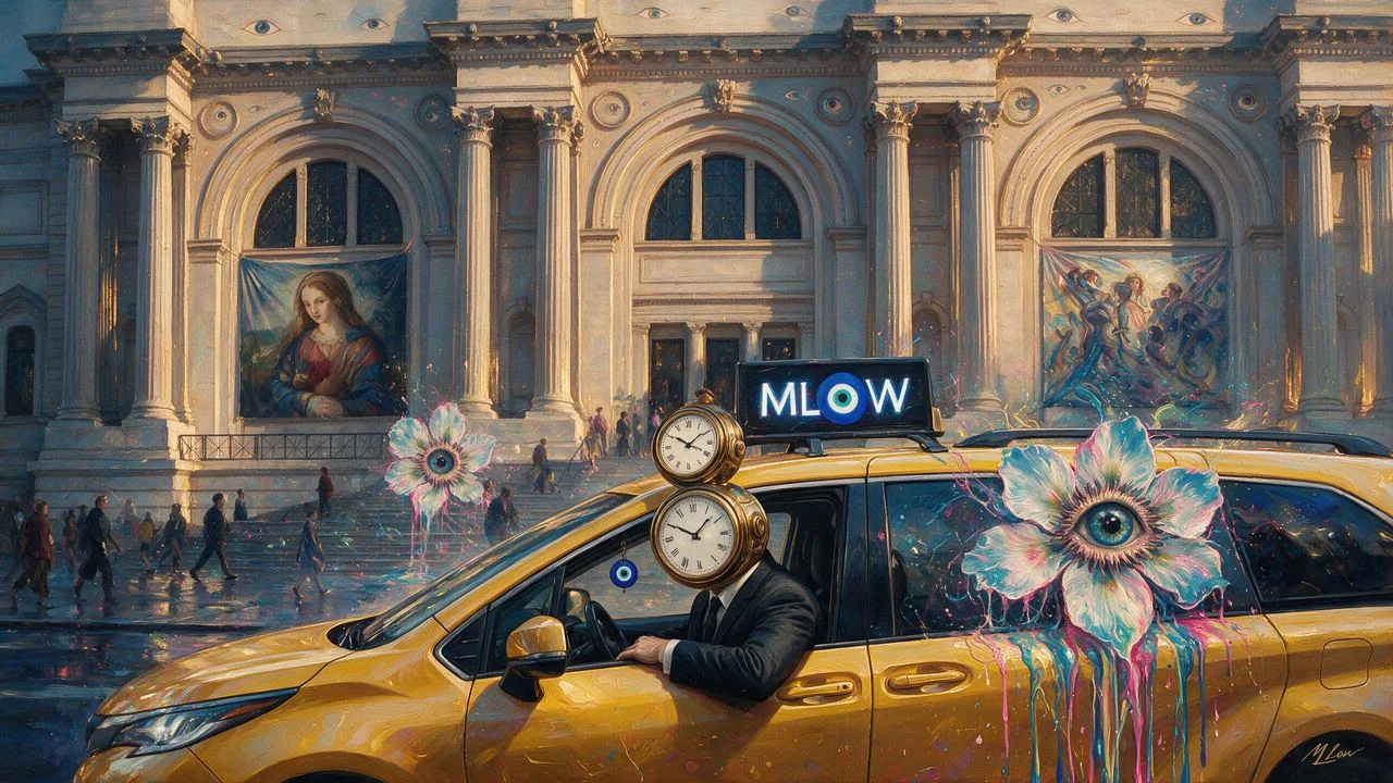 MLow's honorary NEW YORKERS portrait: a figure with a clock for a head, driving a yellow cab outside the Met, an eye flower on the door
